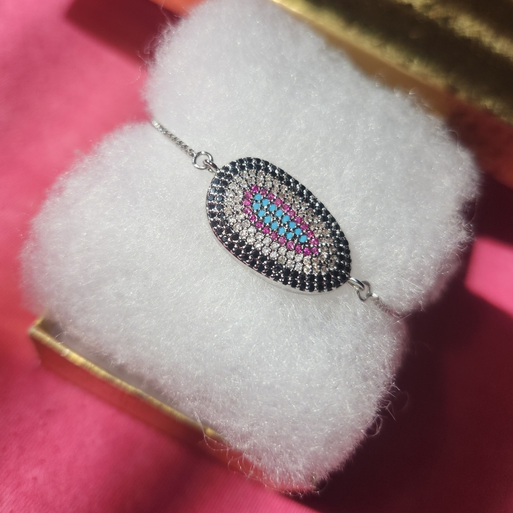 Silver Setting, Pink Blue Black & Crystal Sparkly Gemstones, Pulley Closure